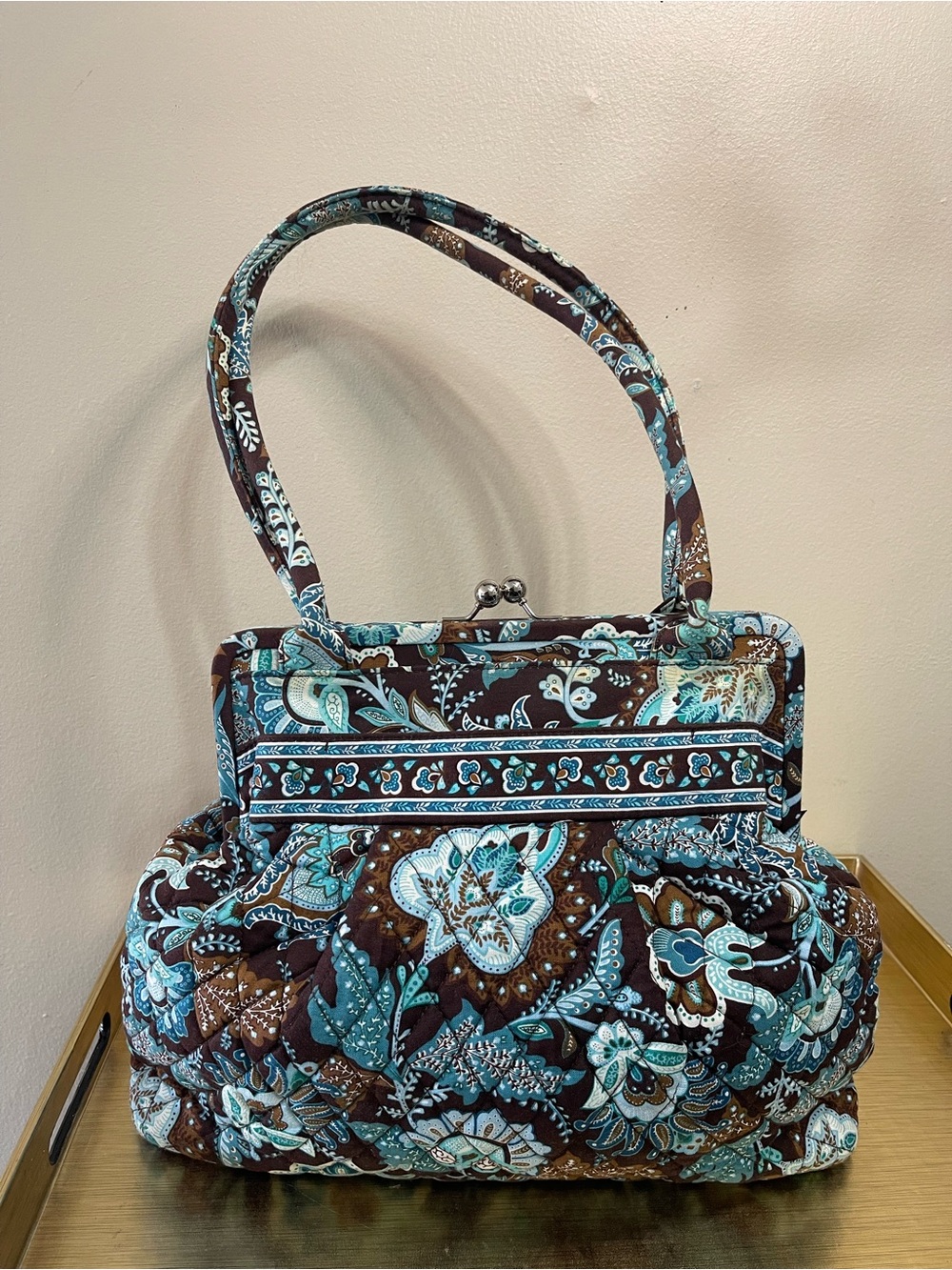 Vera Bradley Quilted Floral Frame-Top Shoulder Bag in Turquoise and Brown